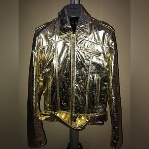 Versace Men’s Gold Leather Jacket Coat Sample Medium
